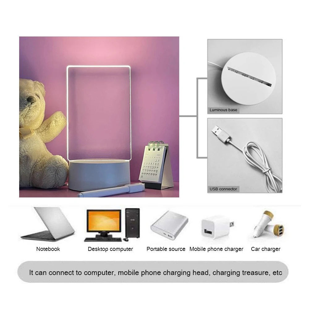 LED Acrylic Message Board Night Light — USB Glow Lamp with Erasable Writing